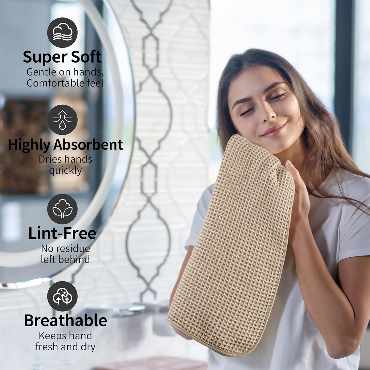 Microfiber Waffle Hand Towels, 4 Pieces, Soft, Absorbent, Fast Drying, Lint Free 430 GSM (16''x26''/40.64cm x 66.04cm)