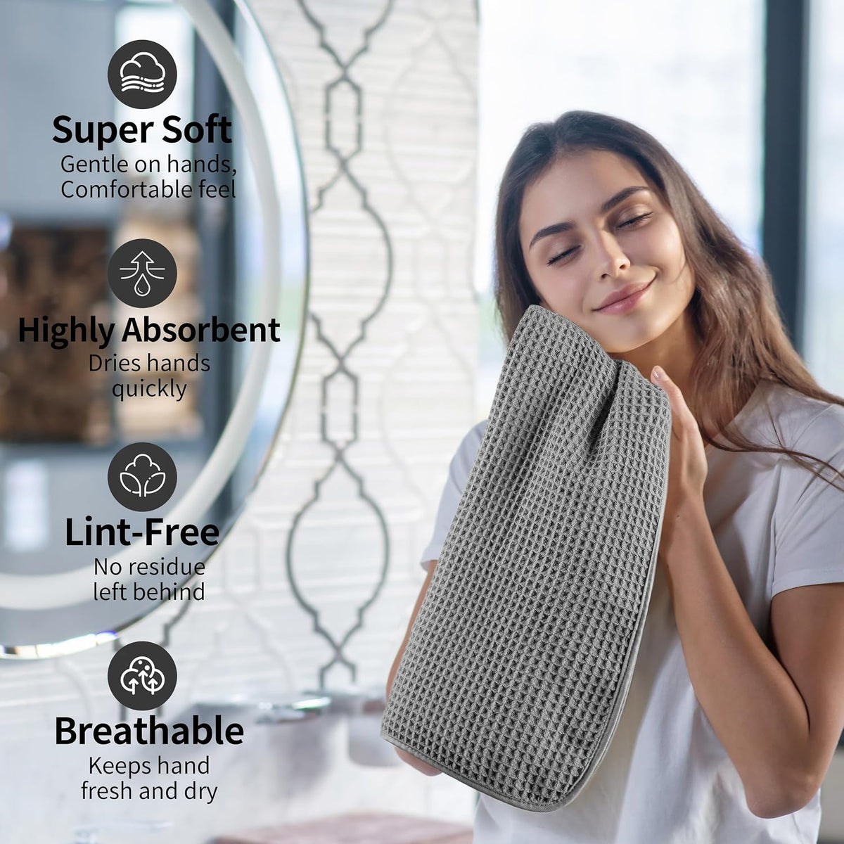 Microfiber Waffle Hand Towels, 4 Pieces, Soft, Absorbent, Fast Drying, Lint Free 430 GSM (16''x26''/40.64cm x 66.04cm)