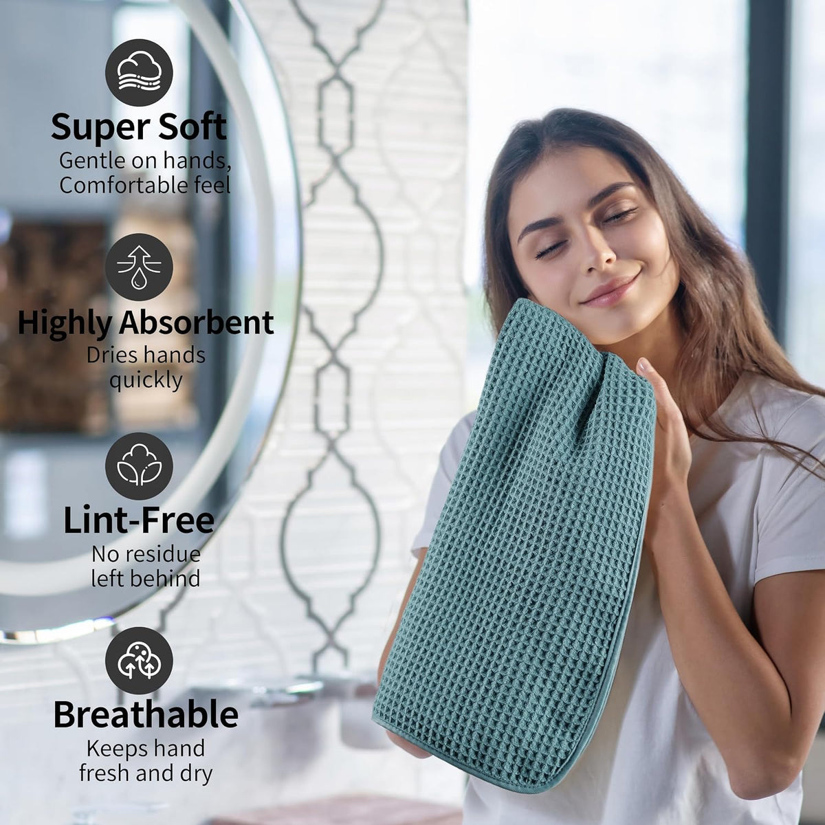 Microfiber Waffle Hand Towels, 4 Pieces, Soft, Absorbent, Fast Drying, Lint Free 430 GSM (16''x26''/40.64cm x 66.04cm)