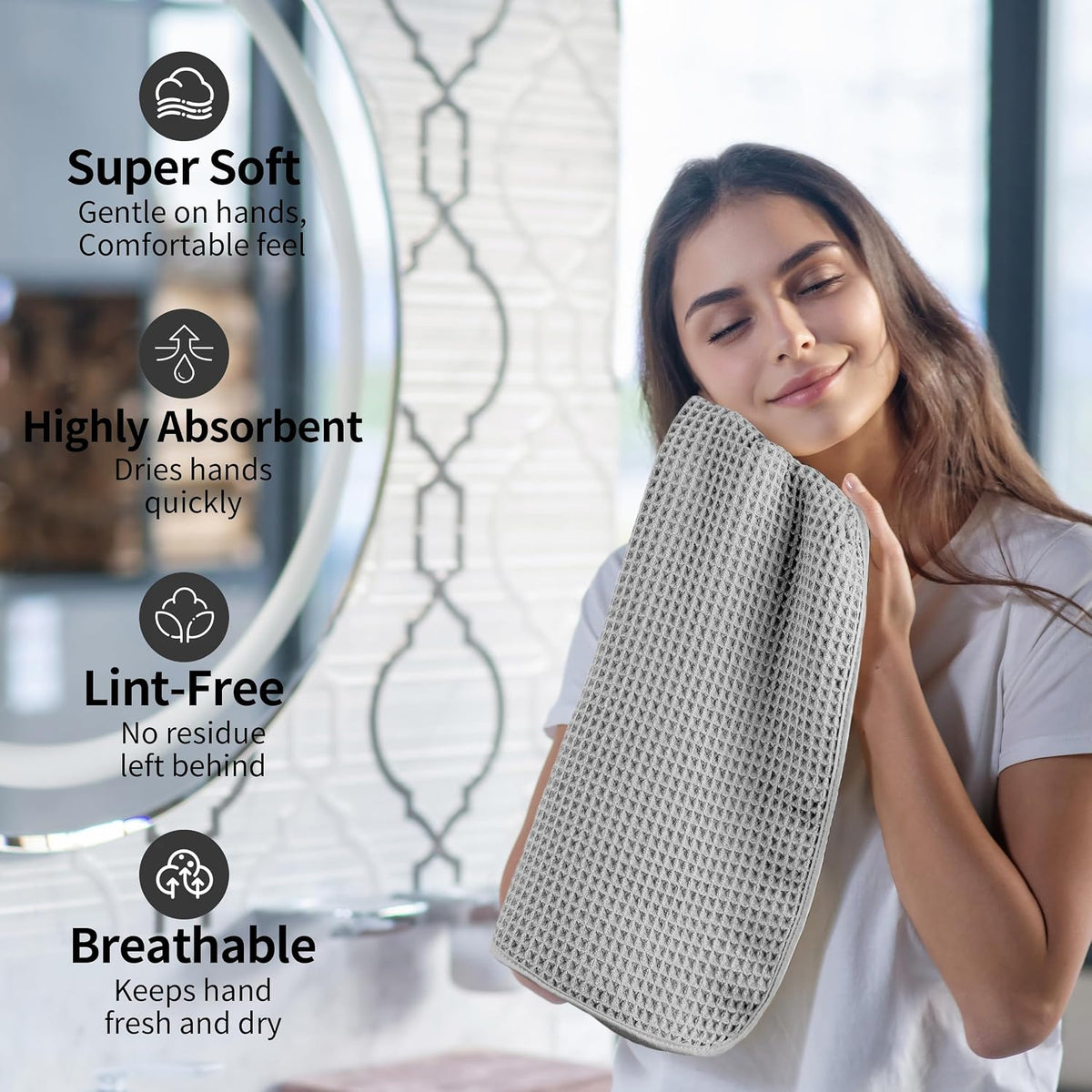 Microfiber Waffle Hand Towels, 4 Pieces, Soft, Absorbent, Fast Drying, Lint Free 430 GSM (16''x26''/40.64cm x 66.04cm)