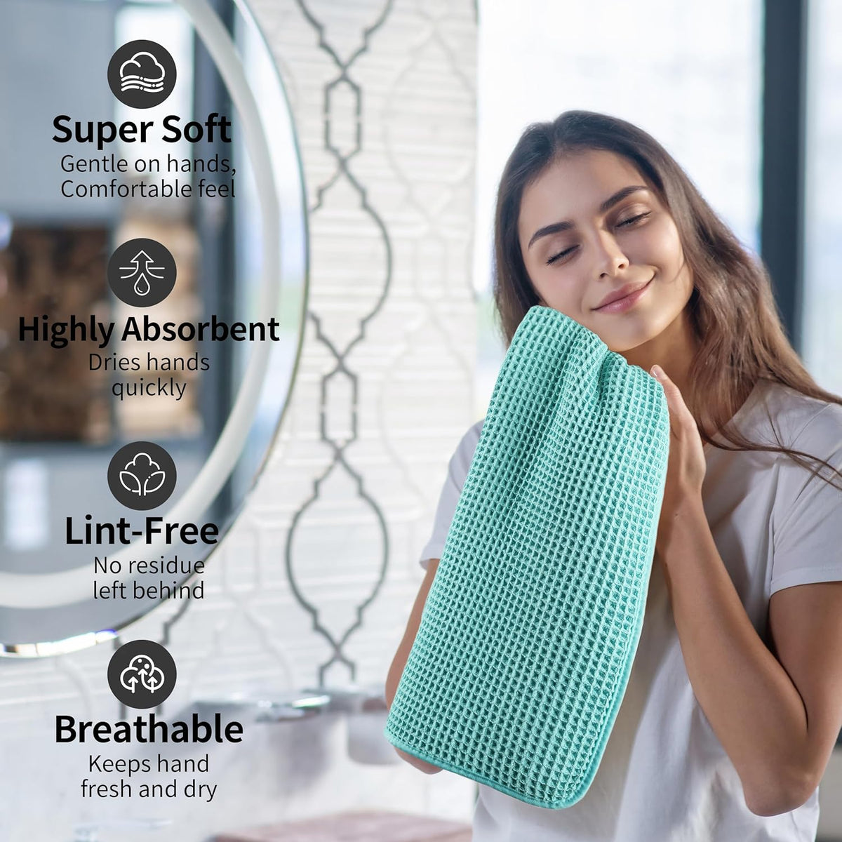 Microfiber Waffle Hand Towels, 4 Pieces, Soft, Absorbent, Fast Drying, Lint Free 430 GSM (16''x26''/40.64cm x 66.04cm)