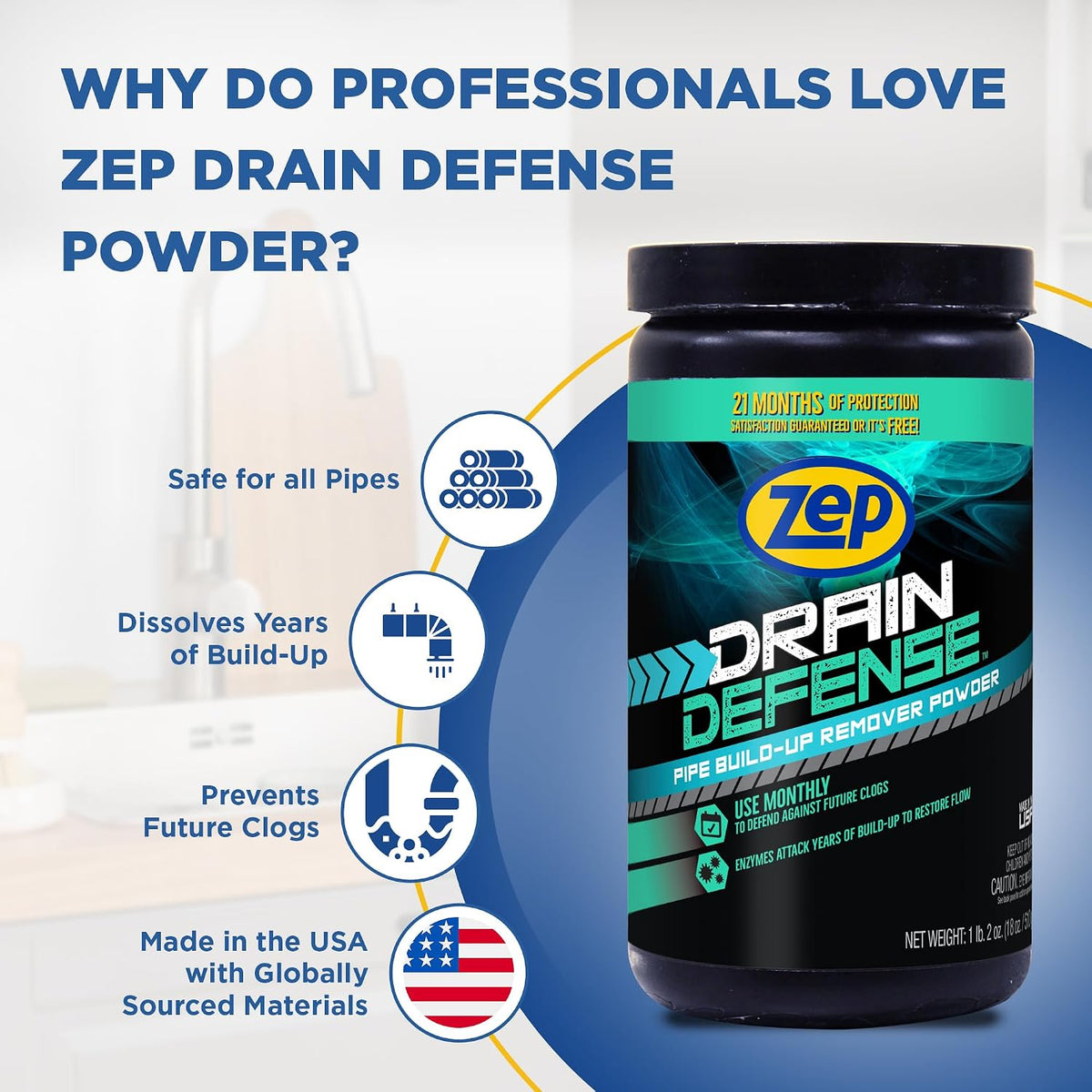 Drain Defense Enzymatic Drain Cleaner Powder - 18 Ounces - ZDC16 - Safe for Pipes and Septic Systems, white