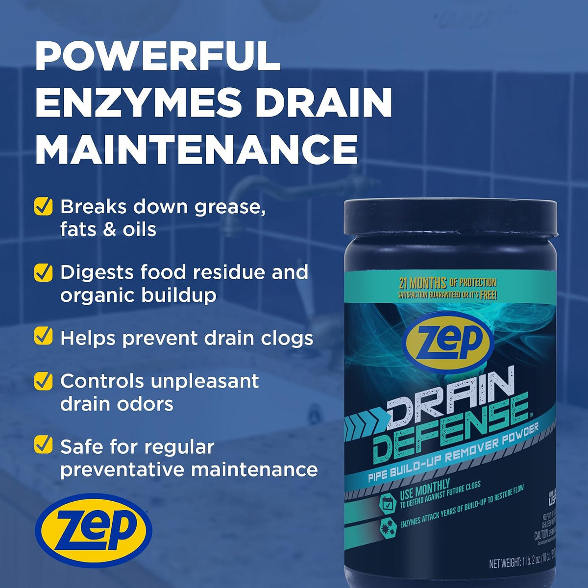 Drain Defense Enzymatic Drain Cleaner Powder - 18 Ounces - ZDC16 - Safe for Pipes and Septic Systems, white