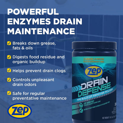 Drain Defense Enzymatic Drain Cleaner Powder - 18 Ounces - ZDC16 - Safe for Pipes and Septic Systems, white
