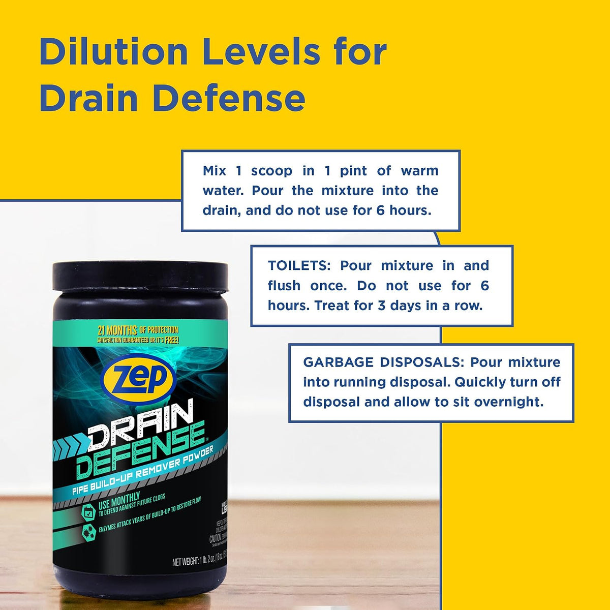 Drain Defense Enzymatic Drain Cleaner Powder - 18 Ounces - ZDC16 - Safe for Pipes and Septic Systems, white