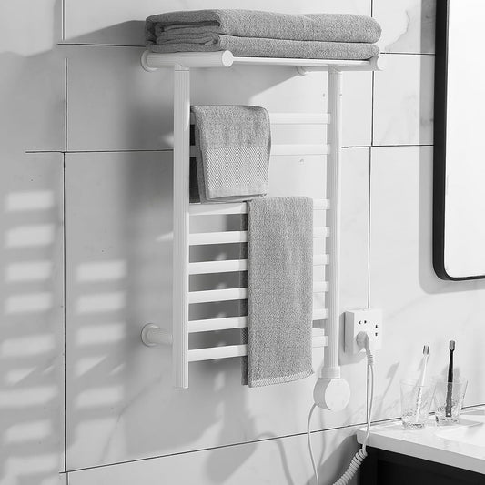 Wall Mounted Towel Warmer Rack, 8 Bars Heated Towel Warmer Rack with Intelligent Digital Display,Built-in Smart Timer,104℉-149℉, with Top Shelf for Bathroom (White)