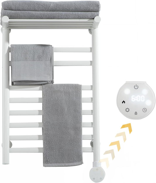 Wall Mounted Towel Warmer Rack, 8 Bars Heated Towel Warmer Rack with Intelligent Digital Display,Built-in Smart Timer,104℉-149℉, with Top Shelf for Bathroom (White)