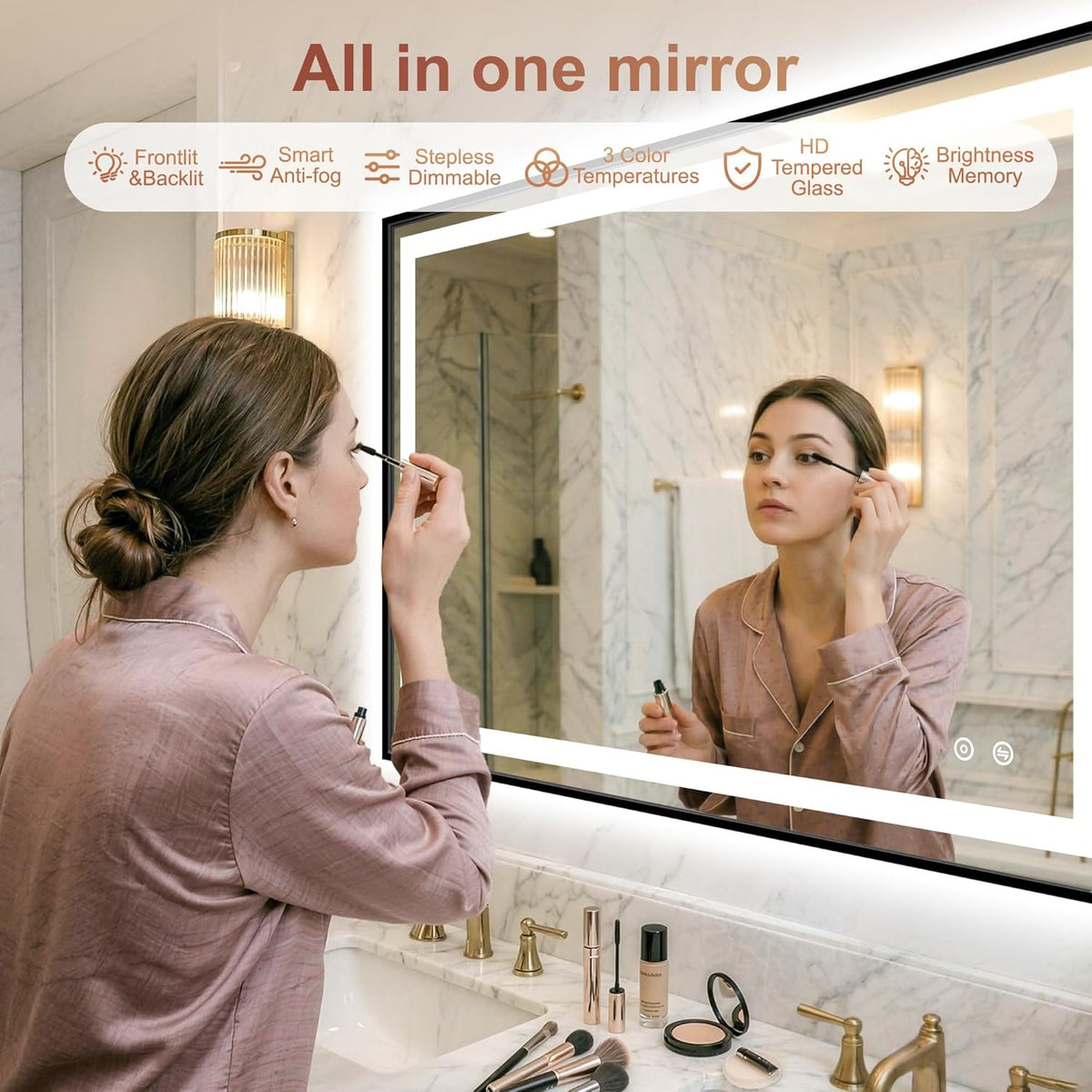 LED Bathroom Mirror with Lights, 30"x40" Black Framed Lighted Vanity Mirror