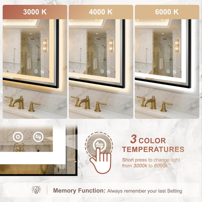 LED Bathroom Mirror with Lights, 30"x40" Black Framed Lighted Vanity Mirror