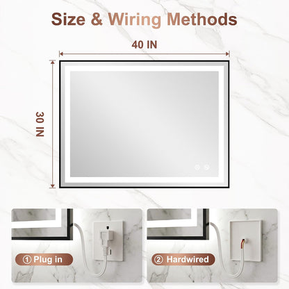 LED Bathroom Mirror with Lights, 30"x40" Black Framed Lighted Vanity Mirror