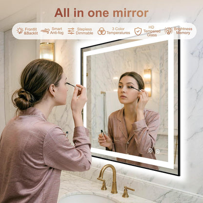 LED Bathroom Mirror with Lights, 30"x40" Black Framed Lighted Vanity Mirror