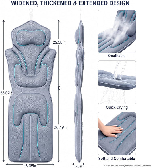 59'' Full Body Bath Pillow for Bathtub 6D Air Mesh 144 Suction Cups | Bath Pillow Luxury Bathtub Pillow 3.7'' Head, Neck and Back Support Bath Tub Pillow Extra-Large 59 x 20 Inch Size