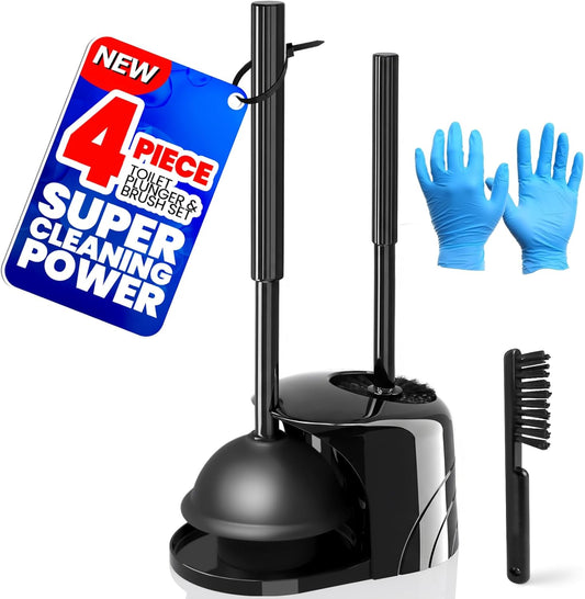 4in1 Toilet Plunger and Brush Set - Home Bathroom Cleaning Tools | 21", Groove Gap Brush, Cleaning Gloves, Heavy Duty Toilet Bowl Cleaner, Apartment Must Haves Bathroom Decor, Light Grey