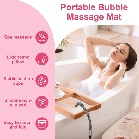 Bubble Bath Massager Mat with 6-Level Adjustment & Remote Control | Upgraded anti-slip suction cup，Inflatable pillow，Portable storage，Relieve muscle soreness and fatigue
