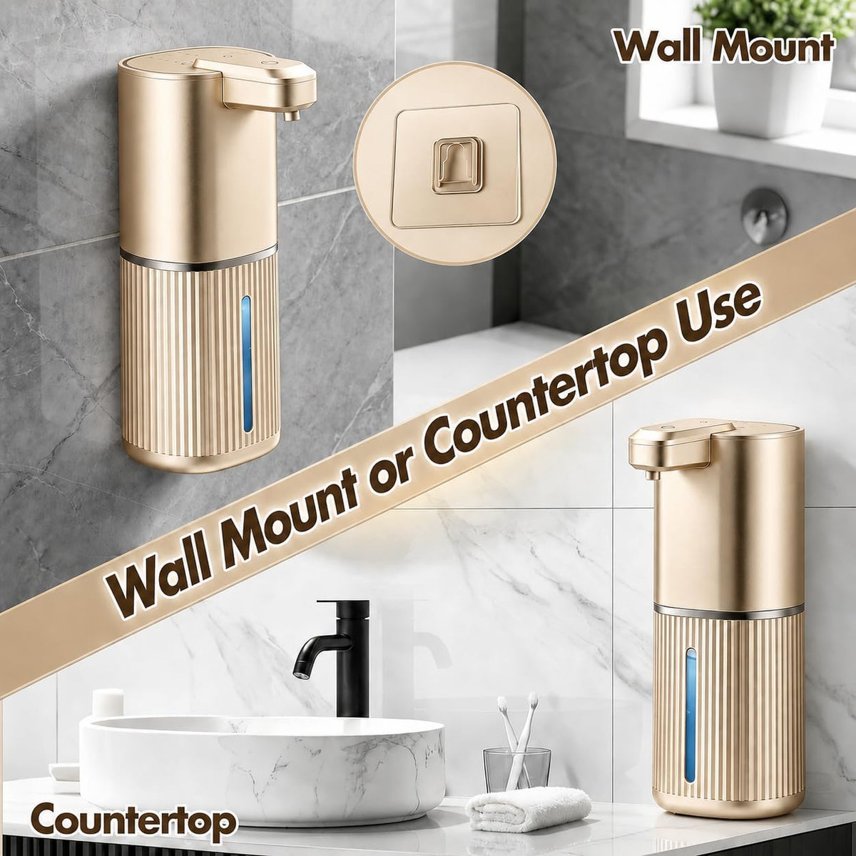 Automatic Soap Dispenser, Foaming Soap Dispenser Touchless with Continuous Dispensing, 4-Level Adjustable, Rechargeable Hand Soap Dispensers, Wall Mounted or Countertop for Bathroom & Kitchen