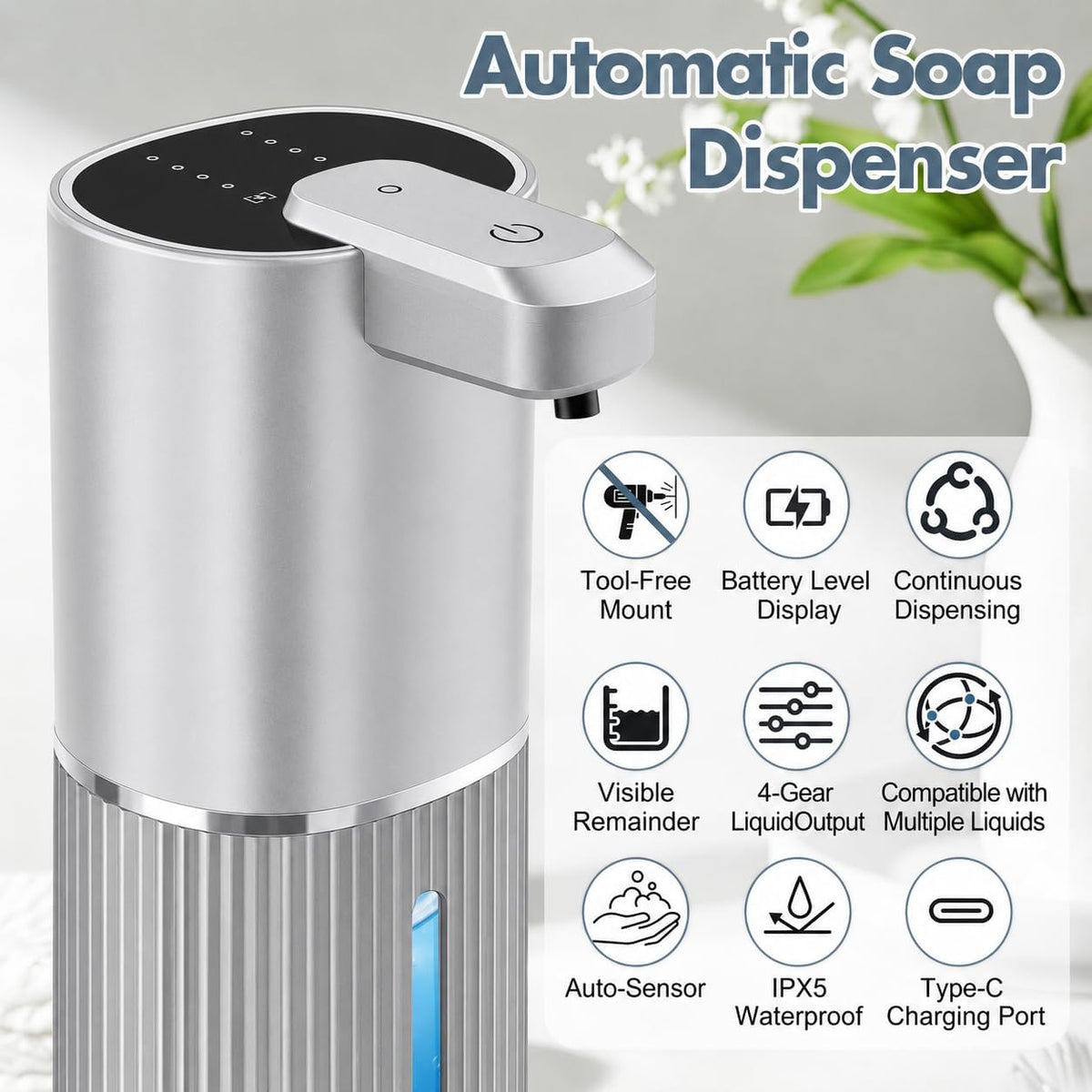 Automatic Soap Dispenser, Foaming Soap Dispenser Touchless with Continuous Dispensing, 4-Level Adjustable, Rechargeable Hand Soap Dispensers, Wall Mounted or Countertop for Bathroom & Kitchen