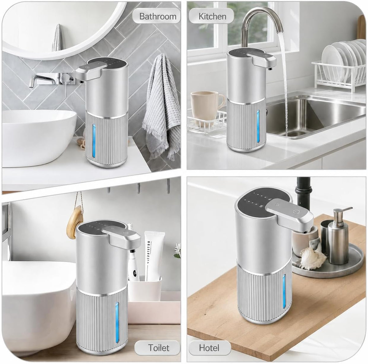 Automatic Soap Dispenser, Foaming Soap Dispenser Touchless with Continuous Dispensing, 4-Level Adjustable, Rechargeable Hand Soap Dispensers, Wall Mounted or Countertop for Bathroom & Kitchen