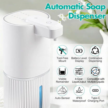 Automatic Soap Dispenser, Foaming Soap Dispenser Touchless with Continuous Dispensing, 4-Level Adjustable, Rechargeable Hand Soap Dispensers, Wall Mounted or Countertop for Bathroom & Kitchen