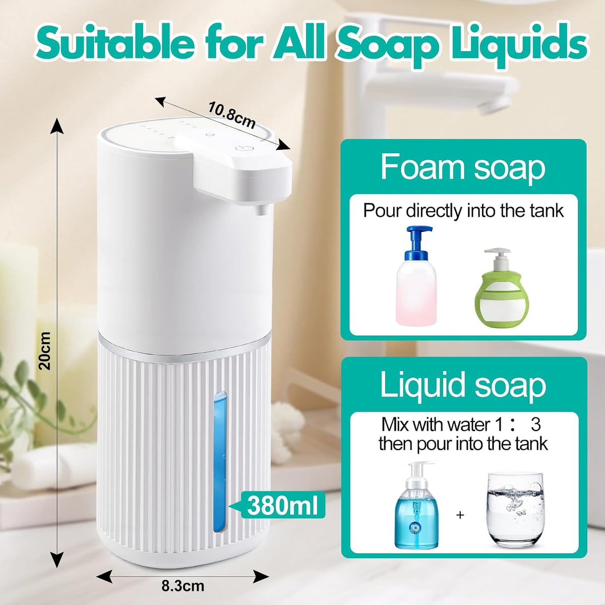 Automatic Soap Dispenser, Foaming Soap Dispenser Touchless with Continuous Dispensing, 4-Level Adjustable, Rechargeable Hand Soap Dispensers, Wall Mounted or Countertop for Bathroom & Kitchen