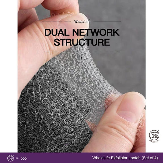 Bath Loofah Sponge for Shower - Body Scrubber 4-Pack Black | 10X Suds Save Body Wash Double Knotted Anti Tear Core Fast Dry Cotton Loop Stay Fresh Large Mesh for Sensitive Skin