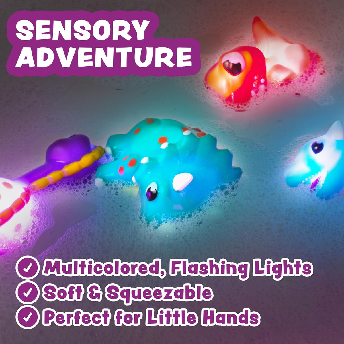 ® Dinos™ Dinosaur Light Up Bath Toys, 6 Pack | Water-Activated Light Up Toys Flash & Change Color | Easy-Grip Baby & Toddler Bath Toys | Sensory Bath Lights Watertight Bathtub Toys