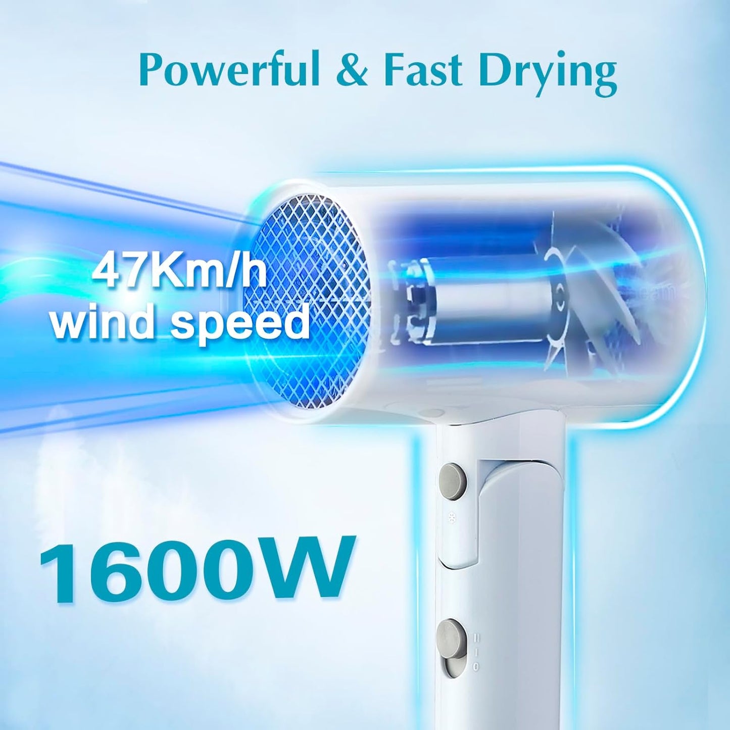 1600W Small Foldable Travel Hair Dryer, White | Fast Drying Compact Blow Dryer with Concentrator and Cool Shot