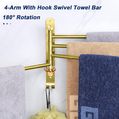 Swivel Towel Rack, 13.8" Thicken 304 Stainless Steel 4-Arm Towel Bar, Space Saving Wall Mounted Towel Holder with Hook, Rustproof Swing Out Towel Hanger for Bathroom, Kitchen (Matte Black)