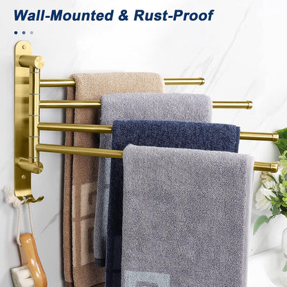 Swivel Towel Rack, 13.8" Thicken 304 Stainless Steel 4-Arm Towel Bar, Space Saving Wall Mounted Towel Holder with Hook, Rustproof Swing Out Towel Hanger for Bathroom, Kitchen (Matte Black)