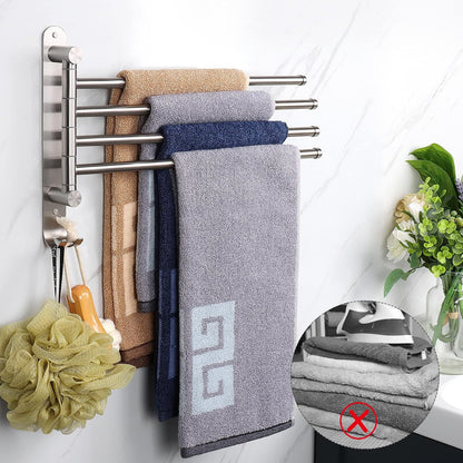 Swivel Towel Rack, 13.8" Thicken 304 Stainless Steel 4-Arm Towel Bar, Space Saving Wall Mounted Towel Holder with Hook, Rustproof Swing Out Towel Hanger for Bathroom, Kitchen (Matte Black)