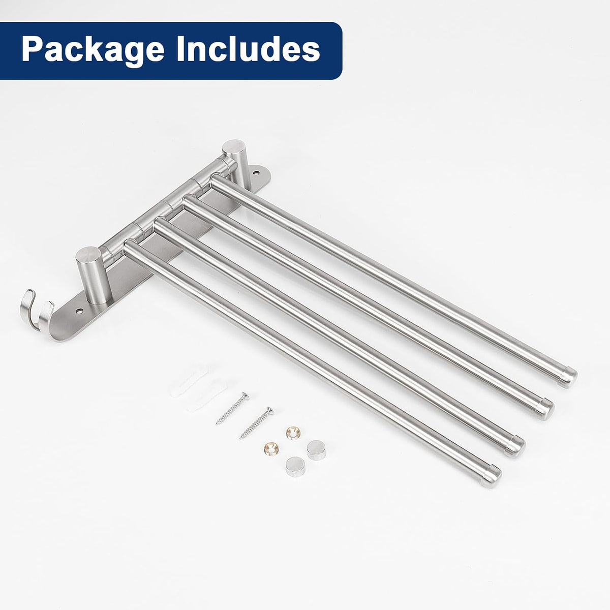 Swivel Towel Rack, 13.8" Thicken 304 Stainless Steel 4-Arm Towel Bar, Space Saving Wall Mounted Towel Holder with Hook, Rustproof Swing Out Towel Hanger for Bathroom, Kitchen (Matte Black)