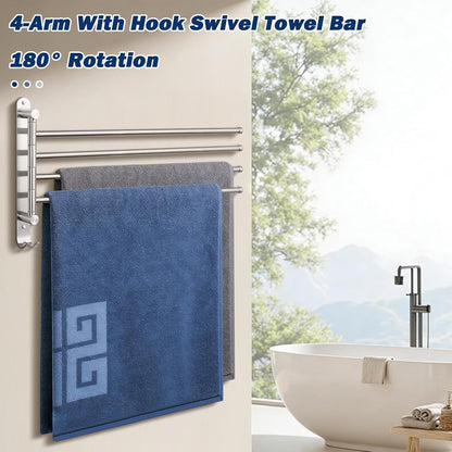 Swivel Towel Rack, 13.8" Thicken 304 Stainless Steel 4-Arm Towel Bar, Space Saving Wall Mounted Towel Holder with Hook, Rustproof Swing Out Towel Hanger for Bathroom, Kitchen (Matte Black)