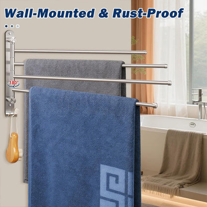 Swivel Towel Rack, 13.8" Thicken 304 Stainless Steel 4-Arm Towel Bar, Space Saving Wall Mounted Towel Holder with Hook, Rustproof Swing Out Towel Hanger for Bathroom, Kitchen (Matte Black)