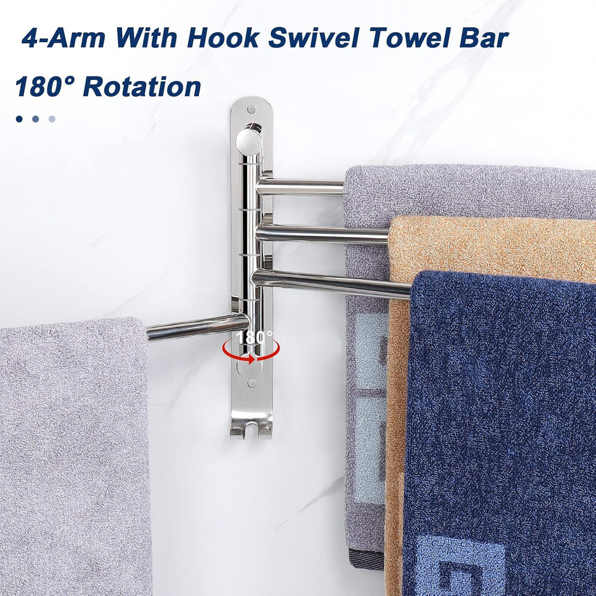 Swivel Towel Rack, 13.8" Thicken 304 Stainless Steel 4-Arm Towel Bar, Space Saving Wall Mounted Towel Holder with Hook, Rustproof Swing Out Towel Hanger for Bathroom, Kitchen (Matte Black)