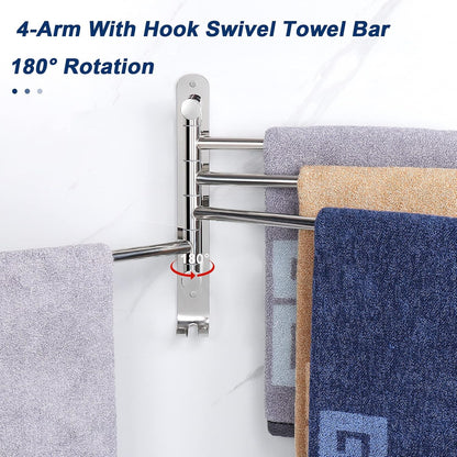 Swivel Towel Rack, 13.8" Thicken 304 Stainless Steel 4-Arm Towel Bar, Space Saving Wall Mounted Towel Holder with Hook, Rustproof Swing Out Towel Hanger for Bathroom, Kitchen (Matte Black)
