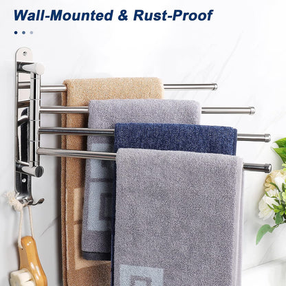 Swivel Towel Rack, 13.8" Thicken 304 Stainless Steel 4-Arm Towel Bar, Space Saving Wall Mounted Towel Holder with Hook, Rustproof Swing Out Towel Hanger for Bathroom, Kitchen (Matte Black)