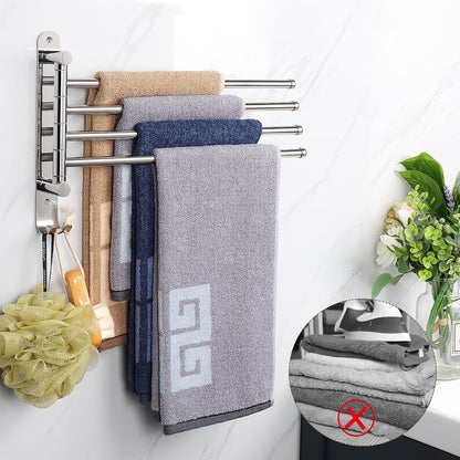 Swivel Towel Rack, 13.8" Thicken 304 Stainless Steel 4-Arm Towel Bar, Space Saving Wall Mounted Towel Holder with Hook, Rustproof Swing Out Towel Hanger for Bathroom, Kitchen (Matte Black)