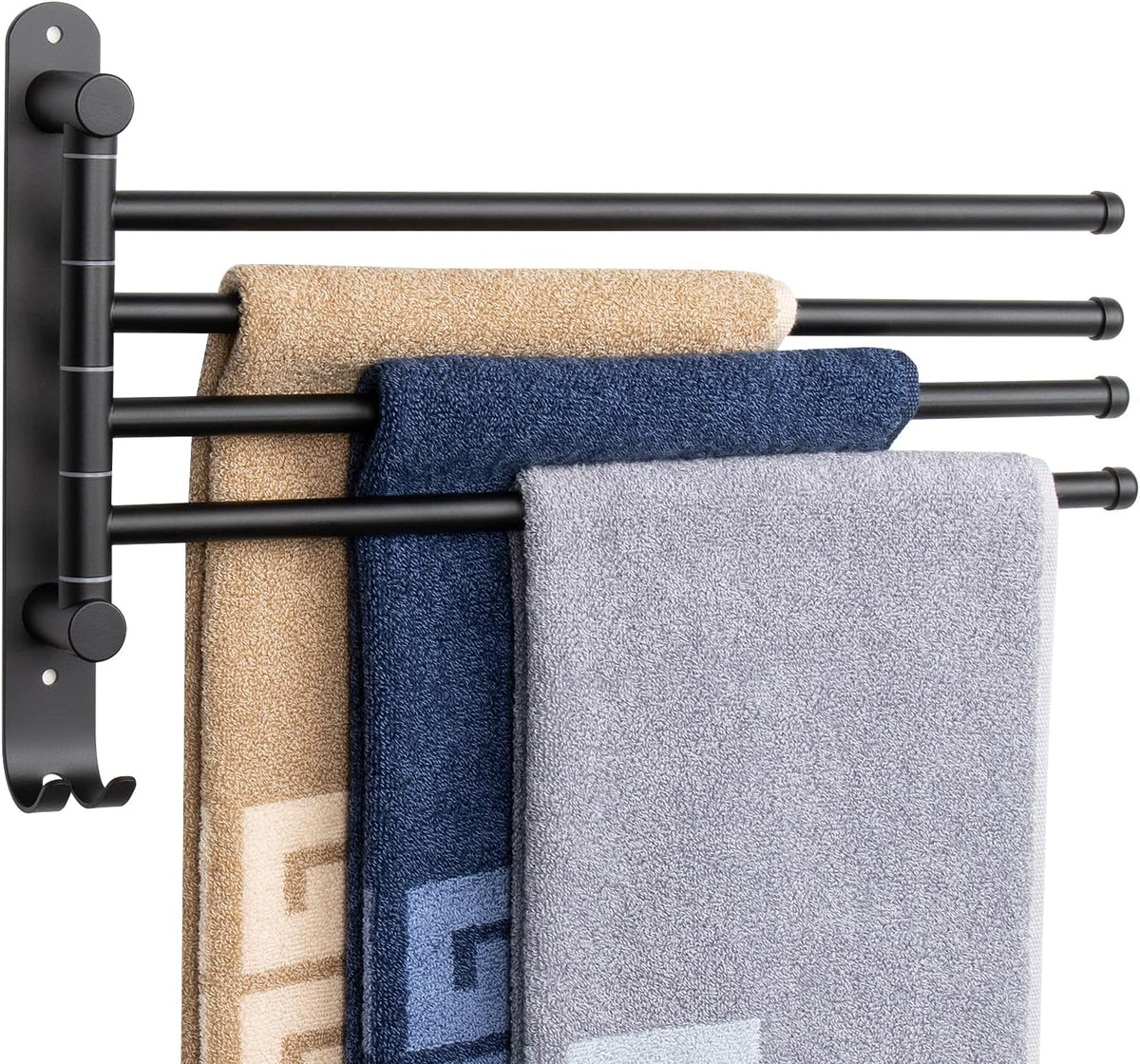 Swivel Towel Rack, 13.8" Thicken 304 Stainless Steel 4-Arm Towel Bar, Space Saving Wall Mounted Towel Holder with Hook, Rustproof Swing Out Towel Hanger for Bathroom, Kitchen (Matte Black)