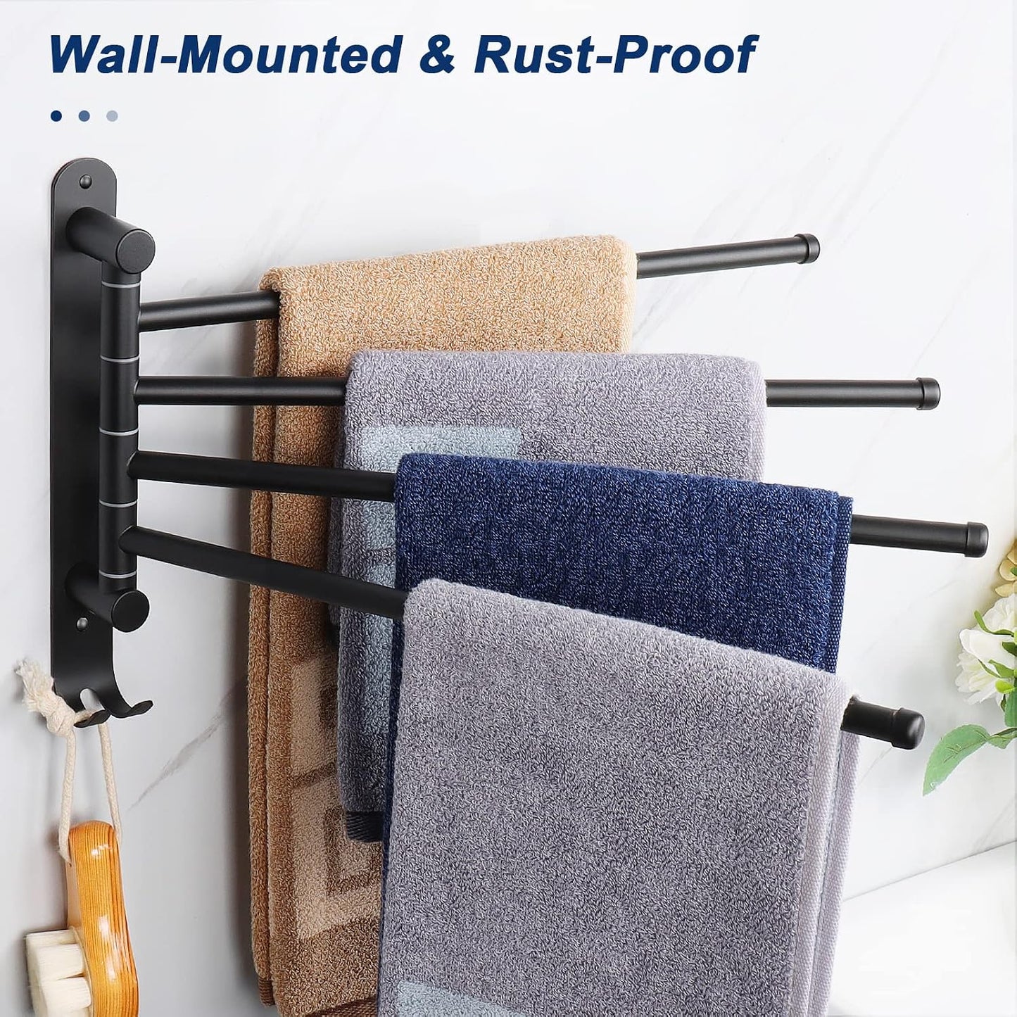 Swivel Towel Rack, 13.8" Thicken 304 Stainless Steel 4-Arm Towel Bar, Space Saving Wall Mounted Towel Holder with Hook, Rustproof Swing Out Towel Hanger for Bathroom, Kitchen (Matte Black)
