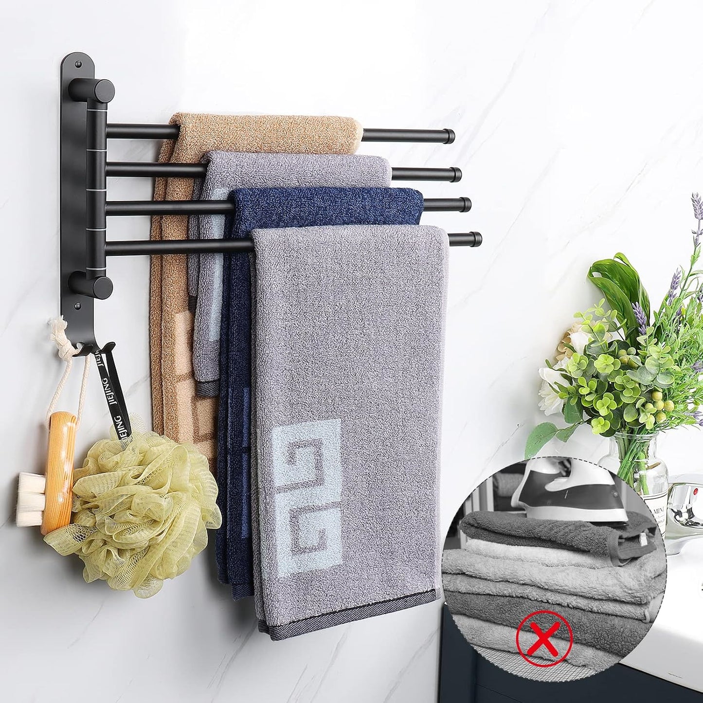 Swivel Towel Rack, 13.8" Thicken 304 Stainless Steel 4-Arm Towel Bar, Space Saving Wall Mounted Towel Holder with Hook, Rustproof Swing Out Towel Hanger for Bathroom, Kitchen (Matte Black)