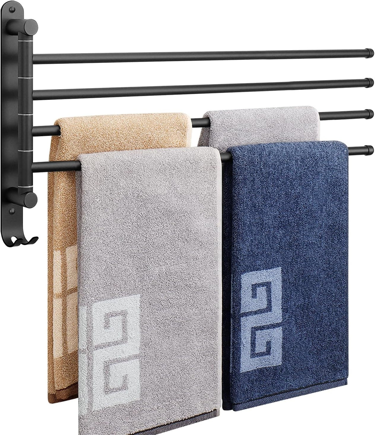 Swivel Towel Rack, 13.8" Thicken 304 Stainless Steel 4-Arm Towel Bar, Space Saving Wall Mounted Towel Holder with Hook, Rustproof Swing Out Towel Hanger for Bathroom, Kitchen (Matte Black)