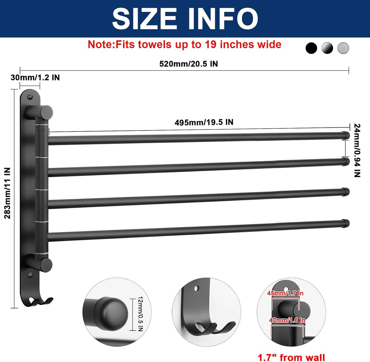 Swivel Towel Rack, 13.8" Thicken 304 Stainless Steel 4-Arm Towel Bar, Space Saving Wall Mounted Towel Holder with Hook, Rustproof Swing Out Towel Hanger for Bathroom, Kitchen (Matte Black)