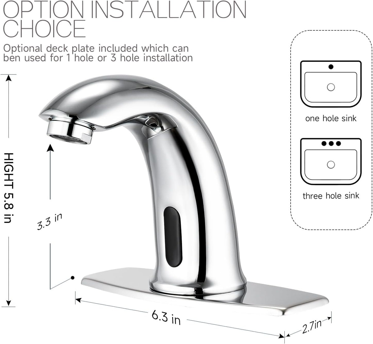 Touchless Bathroom Sink Faucet Automatic Motion Sensor Hands Free Faucet | Chrome plating, with hole cover plate and temperature mixer, commercial solid brass faucet, AC/DC powered, 1 hole or 3 hole