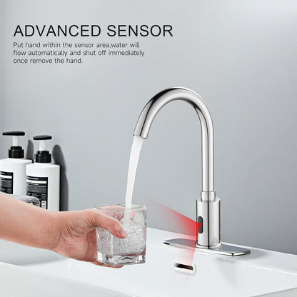 Touchless Bathroom Sink Faucet Automatic Motion Sensor Hands Free Faucet | Chrome plating, with hole cover plate and temperature mixer, commercial solid brass faucet, AC/DC powered, 1 hole or 3 hole