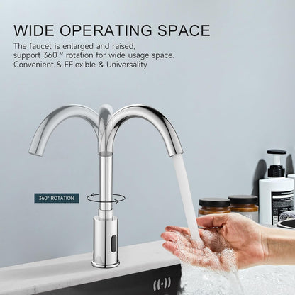 Touchless Bathroom Sink Faucet Automatic Motion Sensor Hands Free Faucet | Chrome plating, with hole cover plate and temperature mixer, commercial solid brass faucet, AC/DC powered, 1 hole or 3 hole
