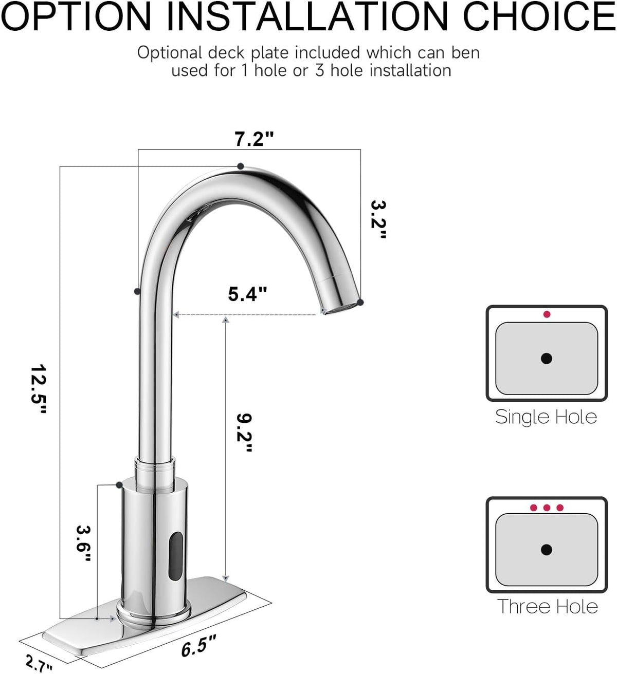 Touchless Bathroom Sink Faucet Automatic Motion Sensor Hands Free Faucet | Chrome plating, with hole cover plate and temperature mixer, commercial solid brass faucet, AC/DC powered, 1 hole or 3 hole
