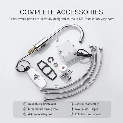 Touchless Bathroom Sink Faucet Automatic Motion Sensor Hands Free Faucet | Chrome plating, with hole cover plate and temperature mixer, commercial solid brass faucet, AC/DC powered, 1 hole or 3 hole