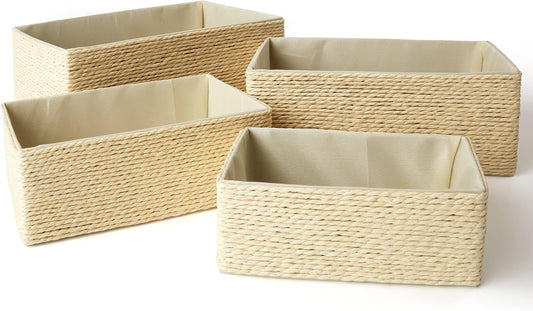 LA JOLIE MUSE Bathroom Basket Organizers, Paper Rope Storage, Grey 4 Pack | Stackable, Sturdy Lined Woven Basket, Organizer for Toilet Paper, Laundry Room Essentials, Shelves and Nightstand Drawers