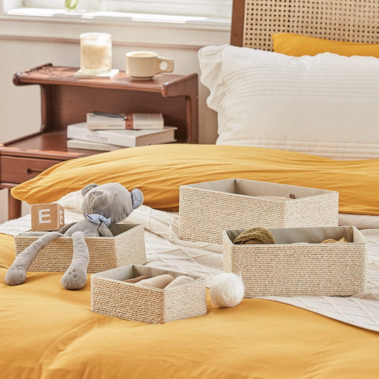 LA JOLIE MUSE Bathroom Basket Organizers, Paper Rope Storage, Grey 4 Pack | Stackable, Sturdy Lined Woven Basket, Organizer for Toilet Paper, Laundry Room Essentials, Shelves and Nightstand Drawers