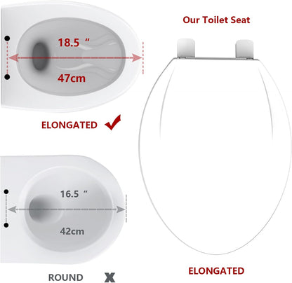Elongated Toilet Seat with Slow Close & Quiet Close, 19 Inch Never Loosen Durable Lid, Polypropylene Easy to Install & Clean, White