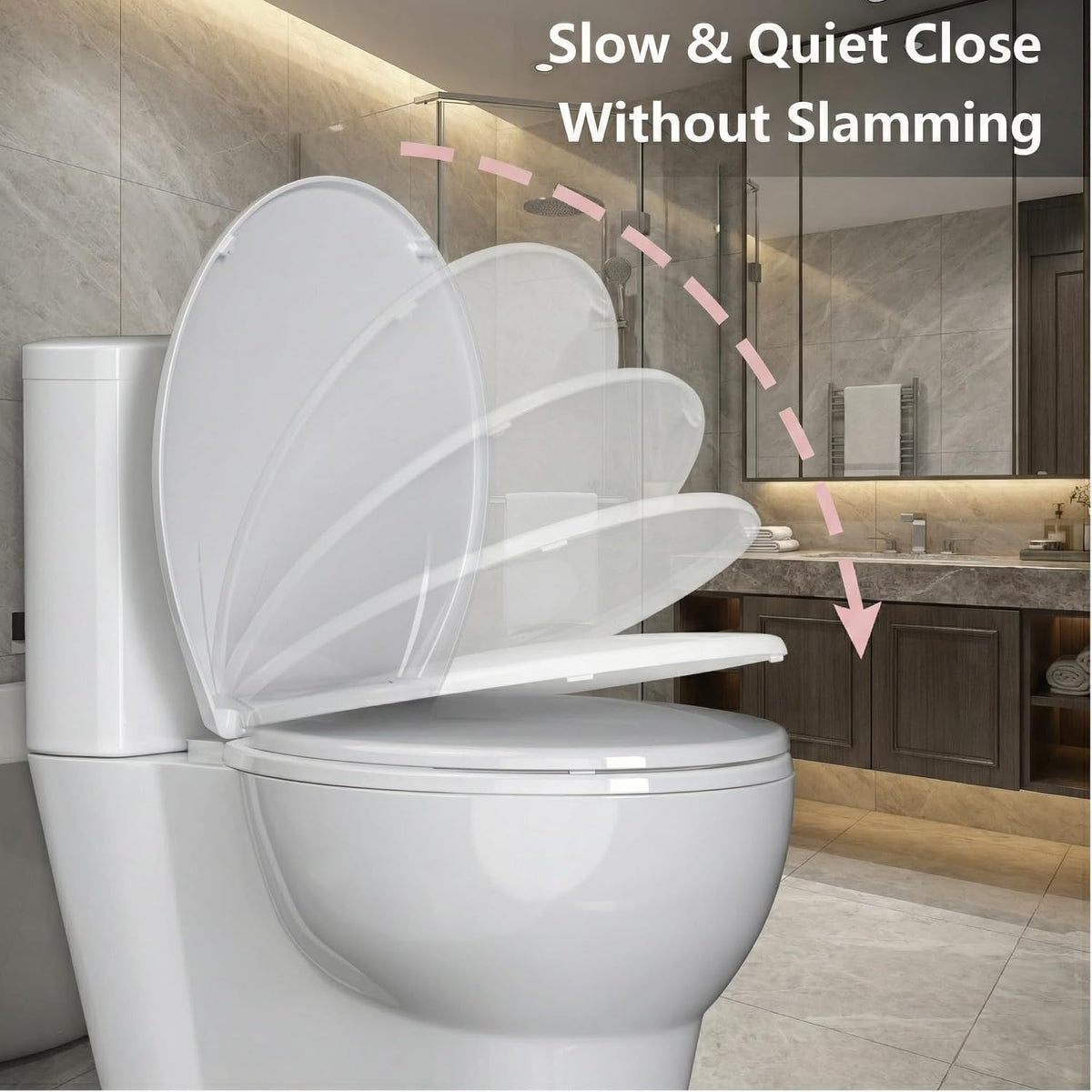 Elongated Toilet Seat with Slow Close & Quiet Close, 19 Inch Never Loosen Durable Lid, Polypropylene Easy to Install & Clean, White